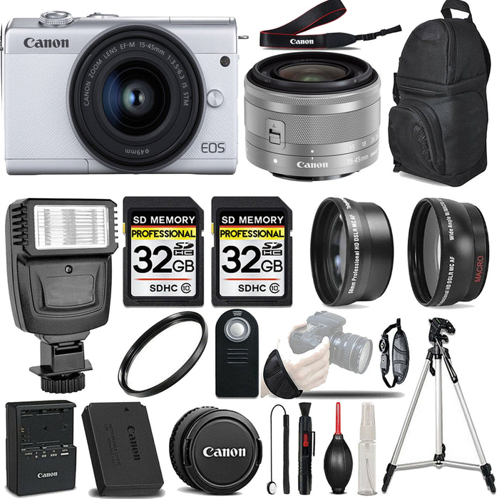 Canon EOS M200 Mirrorless Digital Camera with 15-45mm Lens (White) &amp; Sandisk 64GB Pro Flash Bundle