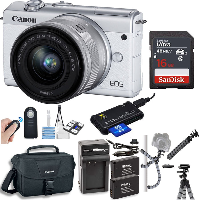 Canon EOS M200 Mirrorless Digital Camera with 15-45mm Lens (White) &amp; Sandisk 16GB | 2x Extra Batteries | Canon Case &amp; More