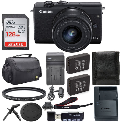 Canon EOS M200 Mirrorless Digital Camera with 15-45mm Lens (Black) w/ Sandisk 128GB Memory Card Starter Package