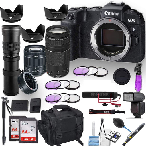 Canon EOS RP Mirrorless Digital Camera with EFS 18-55mm |75-300MM |500mm Preset |128GB Memory Card | Lens Adapter Mega Bundle