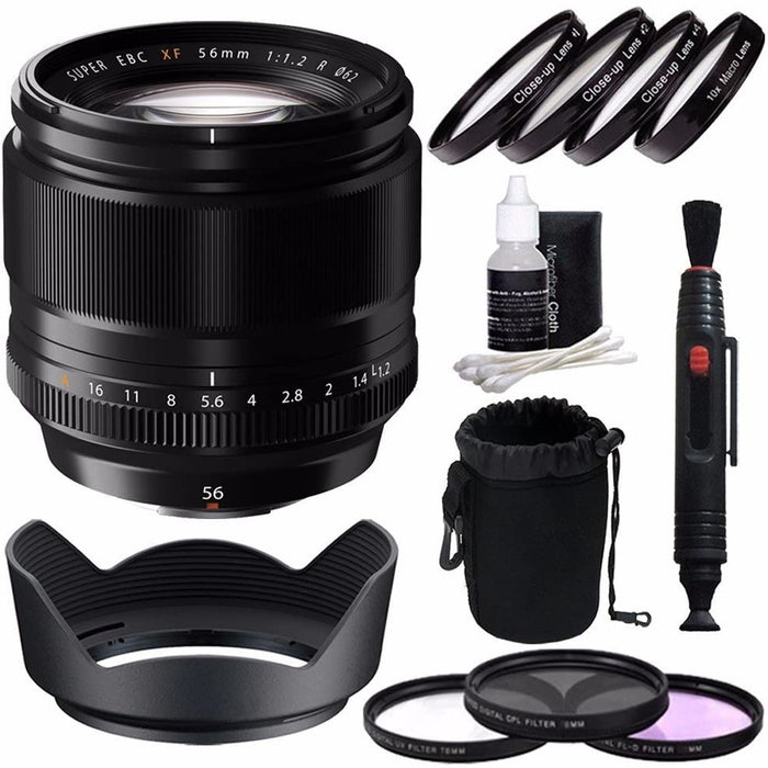 Fujifilm XF 56mm f/1.2 R Lens with 62mm 3 Piece Filter Set (UV, CPL, FL) | 62mm +1 +2 +4 +10 Close-Up Macro Filter Set Bundle