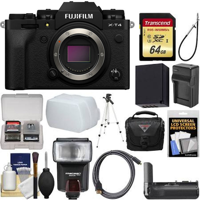 FUJIFILM X-T4 Mirrorless Digital Camera (Body Only, Black) + 64GB Card + Case + Flash + Diffuser + Battery &amp; Charger + Tripod + Kit