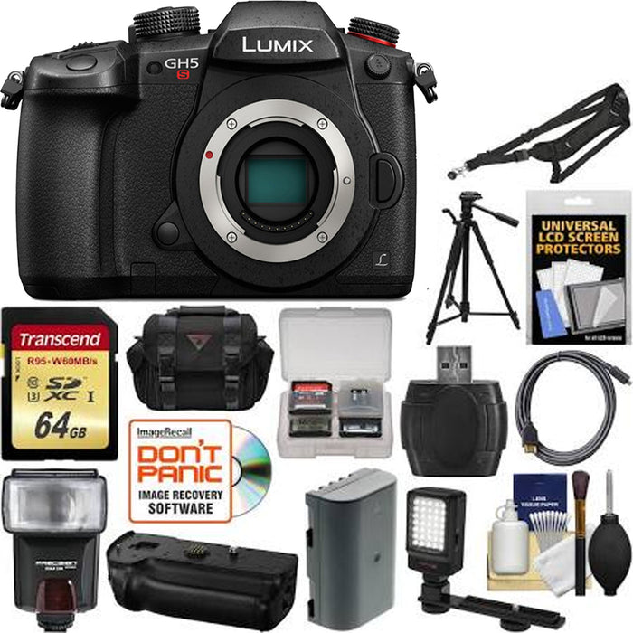 Panasonic Lumix DC-GH5S Mirrorless Micro Four Thirds with 64GB Card | Case | Flash | Battery | Grip | Tripod | Video Light | Sling Strap | Kit