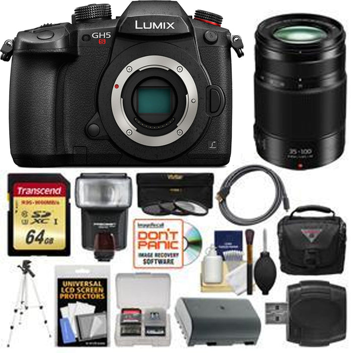 Panasonic Lumix DC-GH5S Mirrorless Micro Four Thirds with 35-100mm Lens | 64GB Card | Case | Flash | Battery | Tripod | Kit