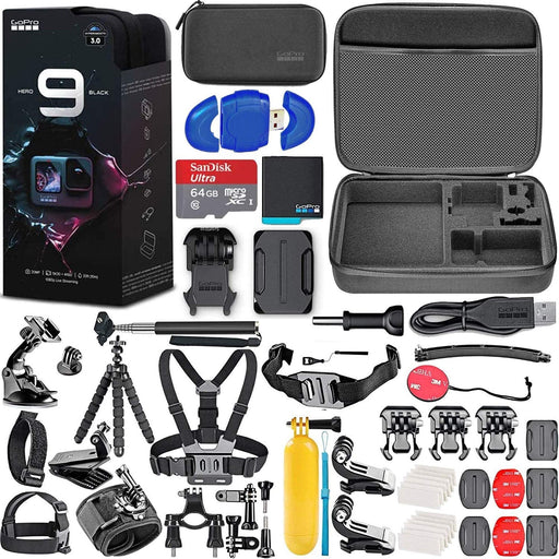 GoPro HERO9 Black SanDisk 64GB + Hard Case + Chest Strap Mount + Head Strap Mount + Flexible Tripod + Monopod + Floating Handle Action Bundle