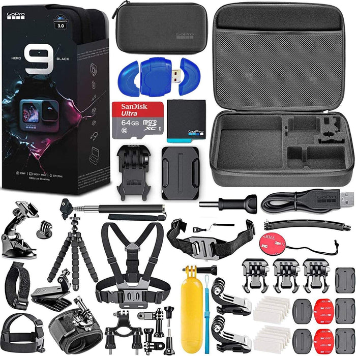 GoPro HERO9 Black SanDisk 64GB + Hard Case + Chest Strap Mount + Head Strap Mount + Flexible Tripod + Monopod + Floating Handle Action Bundle