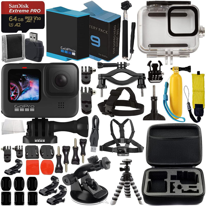 GoPro HERO9 Black Premium Bundle SanDisk Extreme Pro 64GB microSD Memory Card, Spare Battery, Underwater Housing, Carrying Case, &amp; Much More