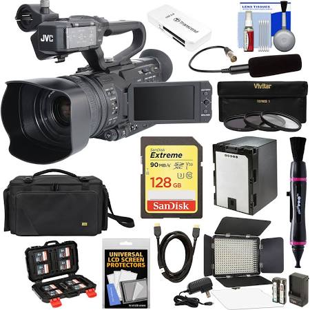 JVC GY-HM200U/250 Ultra 4K HD 4KCAM Professional Camcorder &amp; Top Handle Audio Unit with XLR Microphone 128GB Card Battery Case LED Video Light Kit