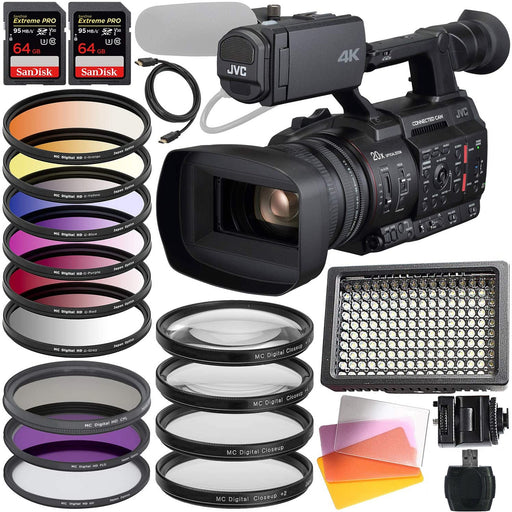 JVC GY-HC550 Handheld Connected Cam 1&quot; 4K Broadcast Camcorder with 2X Sandisk Extreme Pro 64GB MC, Filter Kits, Close-UP kit, Pro Led Light Bundle