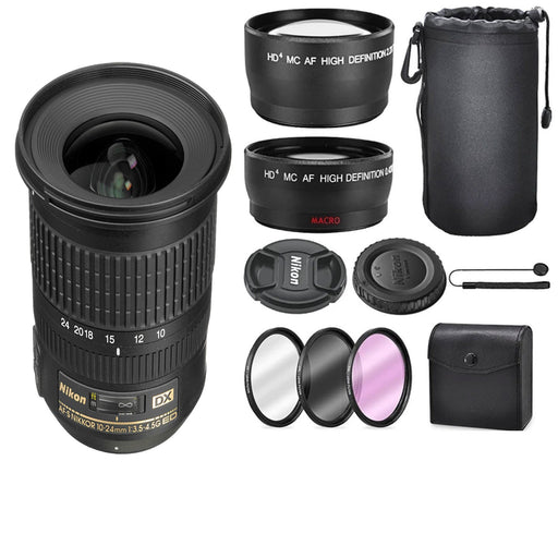 Nikon AF-S DX NIKKOR 10-24mm f/3.5-4.5G ED Lens Accessory Bundle, 58mm Wide-angle &amp; Telephoto Lens, + Filters + Lens Pouch Bundle