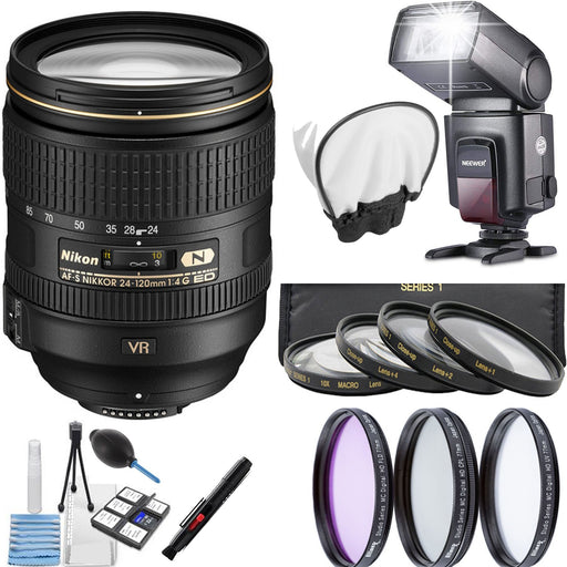 Nikon AF-S NIKKOR 24-120mm f/4G ED VR Zoom Lens with Universal Flash | Flash Diffuser | 77MM Filter Kit | 77 Close-Up Filter Bundle