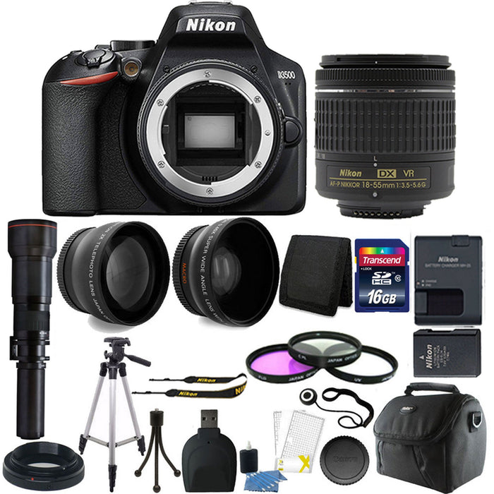 Nikon D3500 DSLR Camera with 18-55mm VR Lens and 500mm Preset Lens and Top Accessory Kit