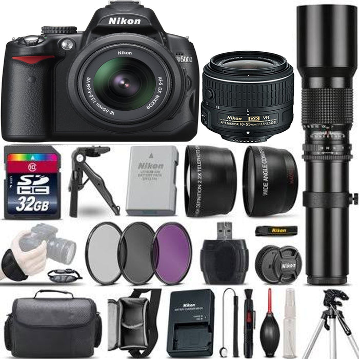 Nikon D5000/D5600 Digital SLR Camera Kit with 18-55mm VR | 500MM Preset Lens | Sandisk 32Gb MC | Case &amp; More