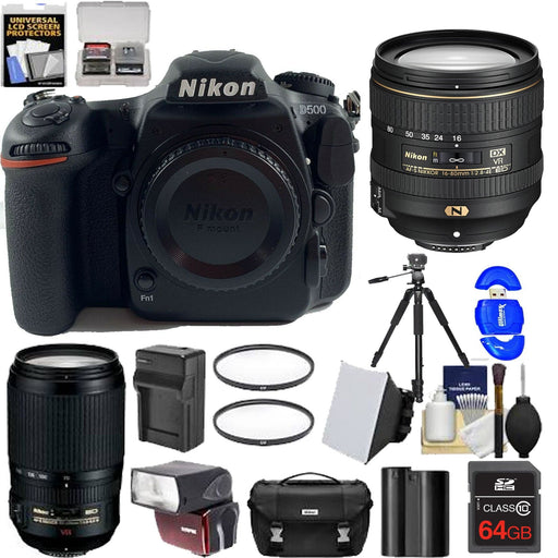 Nikon D500 Wi-Fi 4K Digital SLR Camera &amp; 16-80mm VR Lens with 70-300mm VR Lens + 64GB Card + Case + Flash + Battery &amp; Charger + More