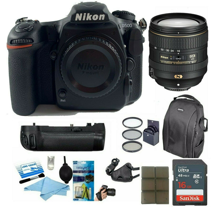 Nikon D500 DSLR with 16-80mm ED VR Lens w/NIKON MB-D17 Battery Grip and Accessory Bundle