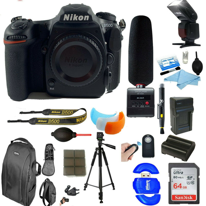 Nikon D500 20.9 MP CMOS DX Format Digital SLR Camera Body with Tascam Audio Recorder and Shotgun Microphone 64GB Accessory Bundle