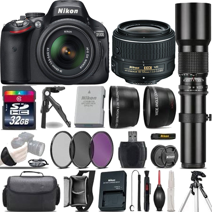 Nikon D5100/D5600 Digital SLR Camera With 18-55mm f/3.5-5.6G VR Lens | 500mm Preset Lens | Sandisk 32GB | Tripod &amp; More Mega Bundle