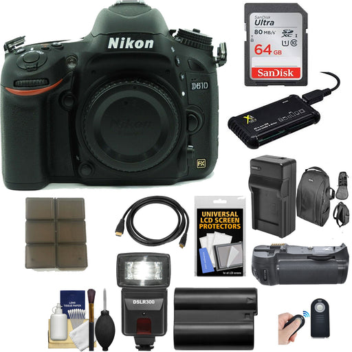 Nikon D600 DSLR Camera (Body Only) with 64GB Card | Sling Case | Flash | Grip| Battery &amp; Charger + Remote Kit