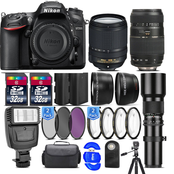 Nikon D7200/7500 DSLR Camera Nikon 18-140mm VR 70-300mm 500mm Flash -64GB Mega Bundle