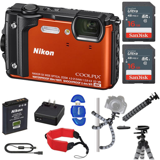 Nikon COOLPIX W300 Digital Camera (Orange/Mix Colors) with 2x 16GB Memory Cards Floating Strap Starter Kit