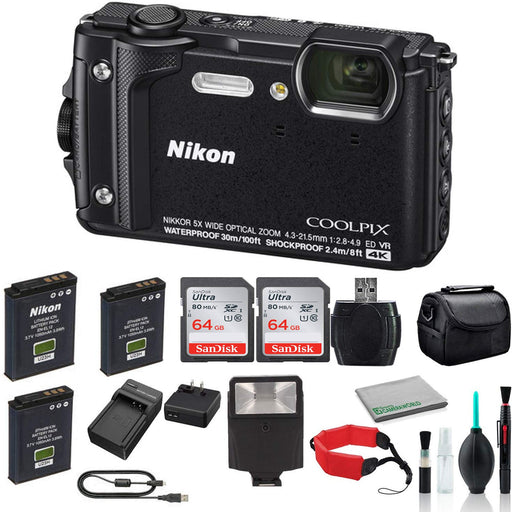 Nikon COOLPIX W300 Digital Camera (Black) Bundle with 2X 64GB Memory Cards + Spare Battery + LED Light