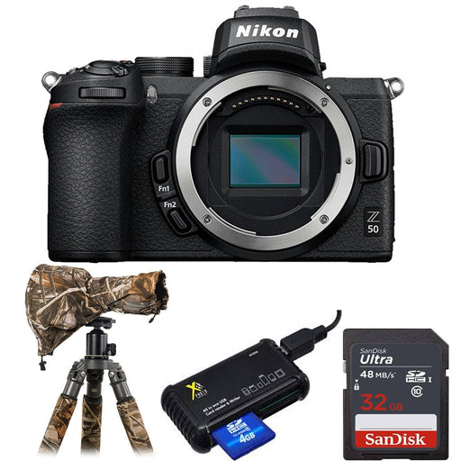 Nikon Z50 Mirrorless Digital Camera (Body Only) with Rain Protection | Sandisk 32GB Memory Card &amp; Card Reader Bundle