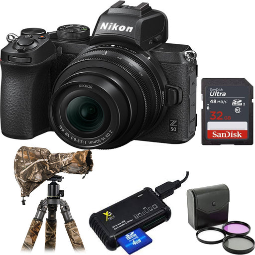 Nikon Z50 Mirrorless Digital Camera with 16-50mm with Rain Protection | Sandisk 32GB Memory Card &amp; Card Reader | Filter Kit Bundle