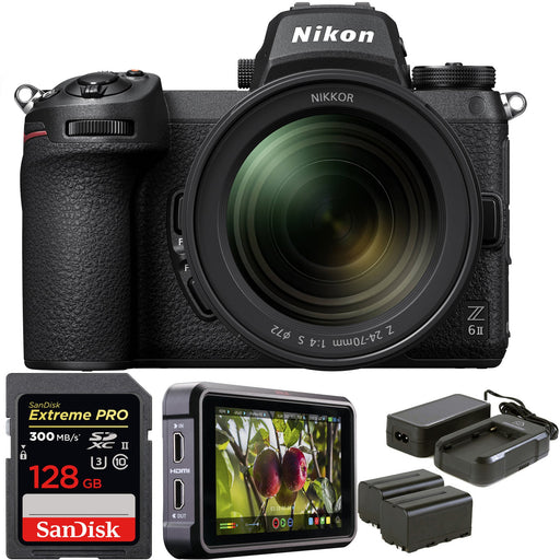 Nikon Z 6II Mirrorless Digital Camera with 24-70mm f/4 Lens &amp; Atomos Ninja V 5&quot; | Atomos Power Kit v2 &amp; Sandisk Pro 128GB Bundle