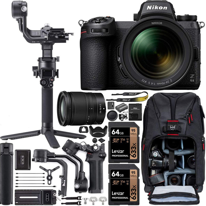 Nikon Z 6II Mirrorless Digital Camera w/ 24-70mm f/4 Lens Video Filmmaker's Kit , DJI RSC 2 Gimbal 3-Axis , Backpack Bundle