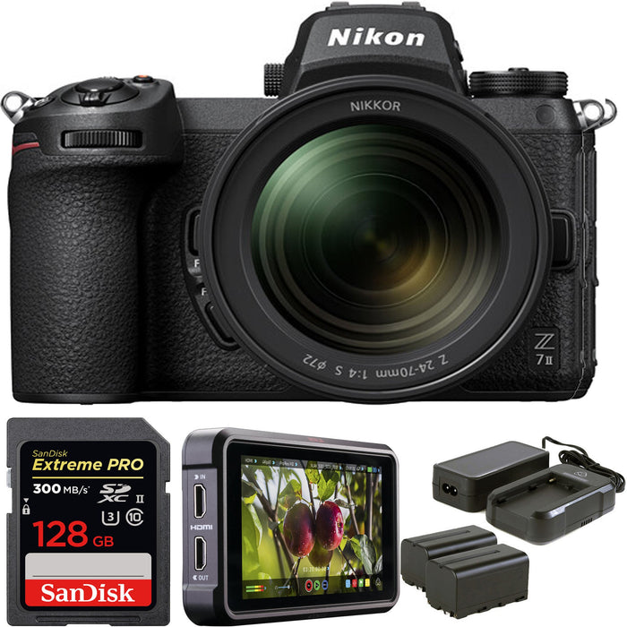 Nikon Z 7II Mirrorless Digital Camera with 24-70mm f/4 Lens &amp; Atomos Ninja V 5&quot; | Atomos Power Kit v2 &amp; Sandisk Pro 128GB Bundle