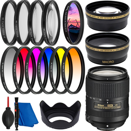 Nikon AF-S DX NIKKOR 18-300mm f/3.5-6.3G ED VR Lens Filter Bundle - Includes: 6PC Gradual Color Filter Set + Professional Telephoto Lens Attachment + 0.43X Wide Angle Lens Attachment + More - NJ Accessory/Buy Direct & Save