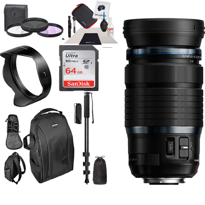 Olympus M.Zuiko Digital ED 12-100mm f/4 IS PRO Lens with Sandisk 64GB | Monopod | Backpack | Filter Kit &amp; Cleaning Kit Bundle