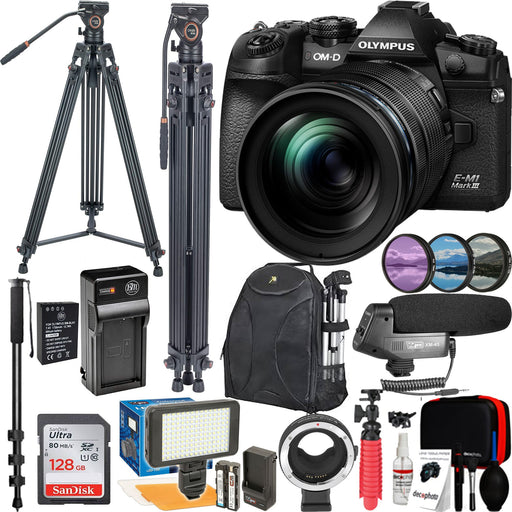 Olympus OM-D E-M1 Mark III Mirrorless Digital Camera &amp; 12-100mm Lens with Lens Adapter | Tripod | Monopod | Microphone &amp; More Supreme Bundle