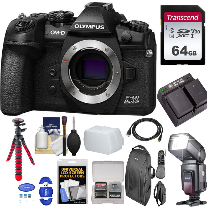 Olympus OM-D E-M1 Mark III Mirrorless Digital Camera (Body Only) with Flash Speedlite | Sandisk 64Gb Essential Bundle