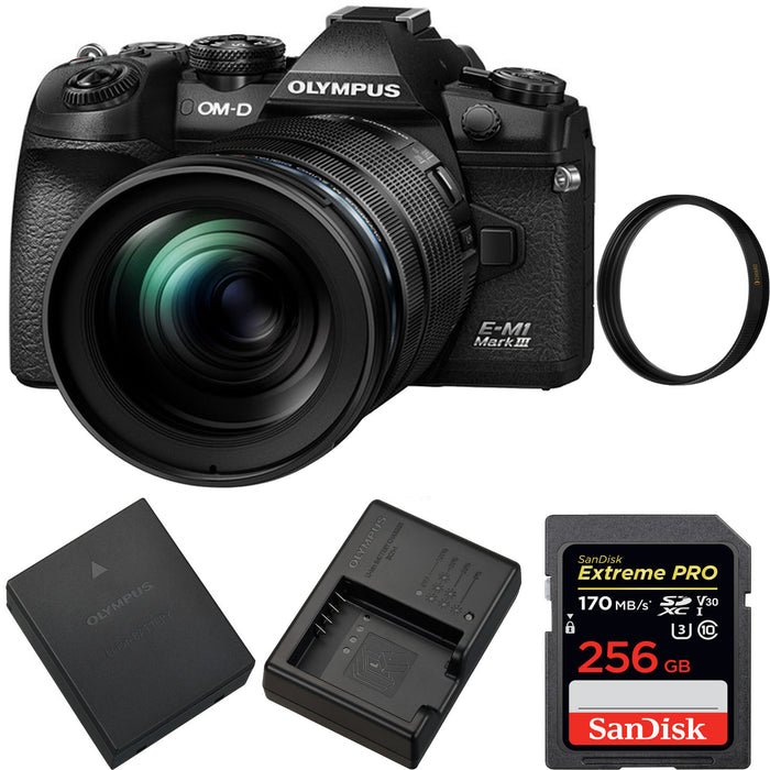 Olympus OM-D E-M1 Mark III Mirrorless Digital Camera with 12-40mm Lens &amp; Sandisk 256GB | 62mm UV Package