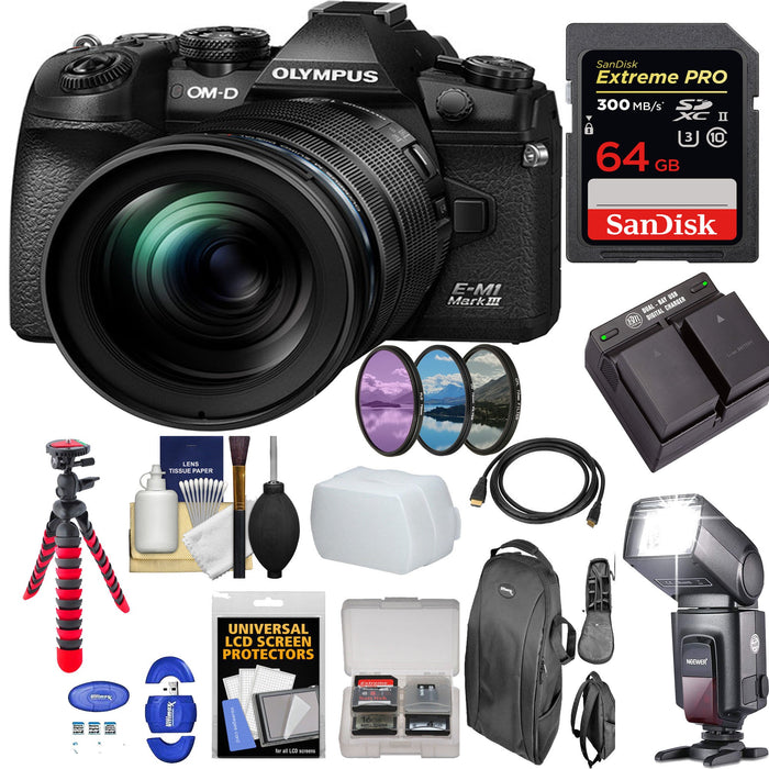 Olympus OM-D E-M1 Mark III Mirrorless Digital Camera with 12-100mm Lens |Flash Speedlite | Sandisk 64Gb Essential Bundle