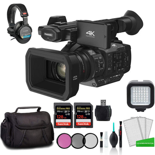 Panasonic HC-X1 4K Ultra HD Professional Camcorder w/ 2x 128GB Sandisk Extreme Pro, PRO Headphones, Led Light, Carrying Bag, Filters Bundle