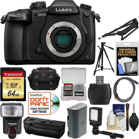 Panasonic Lumix DC-GH5 Wi-Fi 4K Digital Camera Body with 64GB Card + Case + Flash + Battery + Grip + Tripod + Video Light + Sling Strap + Kit