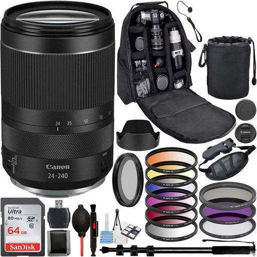 Canon RF 24-240mm f/4-6.3 IS USM Lens with Pro Accessory Bundle -SanDisk Ultra 64GB + 3pc Filter Kit + 6pc Filter Kit + Variable ND Filter + More