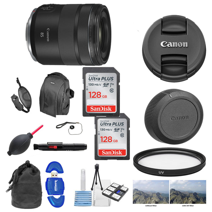 Canon RF 85mm f/2 Macro IS STM Lens With 2X 128 GB | Cleaning Kit &amp; UV Filter Package