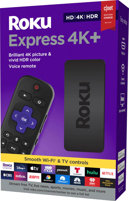 Roku - Express 4K+ (2021) Streaming Media Player with Voice Remote, TV Controls, and Premium HDMI Cable - Black