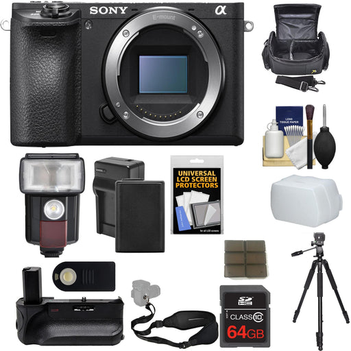 Sony Alpha a6500 4K Wi-Fi Digital Camera Body with 64GB Card + Battery &amp; Charger + Grip + Case + Strap + Tripod + Flash/LED Light + Kit