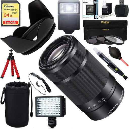 Sony E 55-210mm f/4.5-6.3 OSS E-Mount Lens (Black) with 64GB Extreme Sandisk Memory Card, Filter Kit, Led light &amp; Flash Photography Bundle