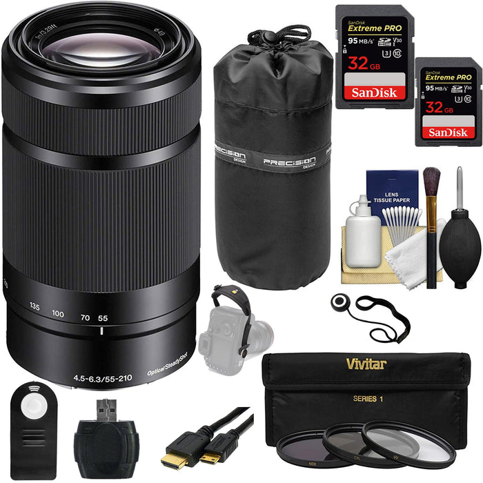 Sony E 55-210mm f/4.5-6.3 OSS E-Mount Lens OSS with 2x 32GB Sandisk Extreme PRO, Filter Kit, Hand Strap, Cleaning Kit &amp; Case Bundle