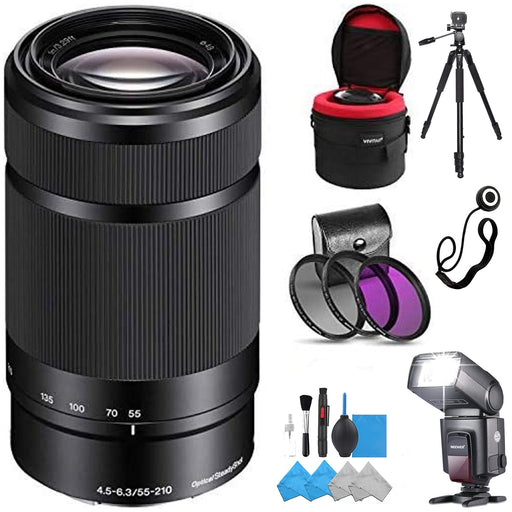 Sony E 55-210mm f/4.5-6.3 OSS E-Mount Lens OSS (Black) with Filter Kit, Flash Light, Full Size Tripod, Cap keeper, Cleaning kit &amp; Len Case Bundle