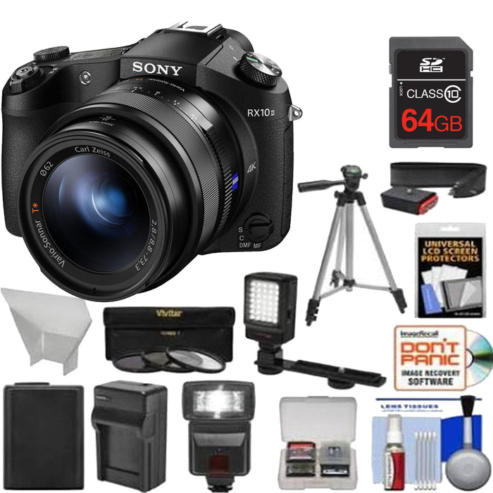 Sony Cyber-Shot DSC-RX10 II 4K Wi-Fi Digital Camera with 64GB Card + Battery &amp; Charger + Flash + LED Light + Tripod + Kit