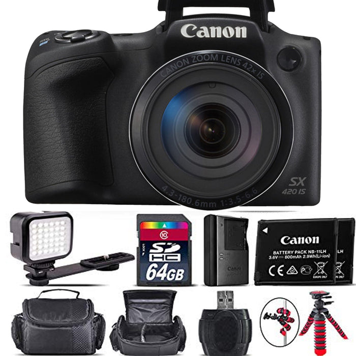 Canon PowerShot SX420 IS Digital Camera (Black) | 64GB Class 10 Memory Card | LED Kit | Backup Battery | Tripod + Case | Cleaning Kit Bundle