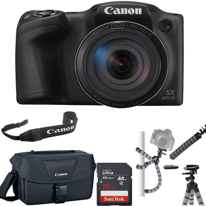 Canon PowerShot SX420 IS Digital Camera (Black) with Canon Carrying Case | 16GB Memory Card &amp; Spider Tripod Bundle