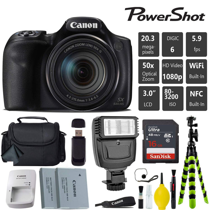 Canon PowerShot SX540 HS Digital Camera with | Extra Battery | Digital Flash | Camera Case | 16GB Class 10 Memory Card