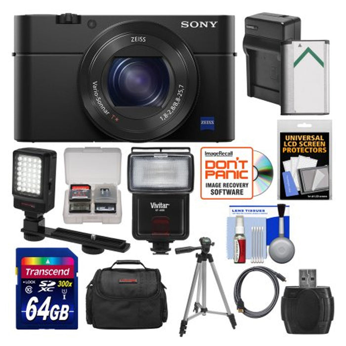 Sony Cyber-Shot DSC-RX100 IV 4K Wi-Fi Digital Camera with 64GB Card + Battery &amp; Charger + Case + Tripod + Flash + LED Video Light + Kit